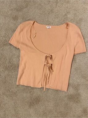 Garage Pink Ribbed Tie-Front Crop Top